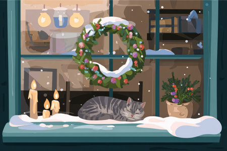 Cozy winter window scene features a sleeping cat on a snow-covered sill, adorned with a festive wreath and flickering candles, creating a warm and inviting atmosphere during snowfallの素材