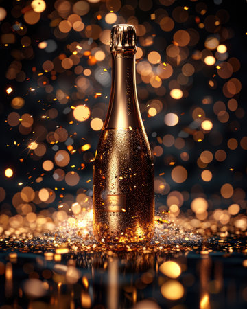 Sparkling champagne bottle with glistening droplets stands prominently amidst a backdrop of shimmering golden bokeh lights, creating a celebratory and luxurious ambiance perfect for special occasionsの素材