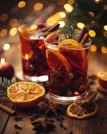 Festive holiday drinks served in clear glasses, garnished with orange slices and cinnamon sticks, surrounded by dried citrus, star anise, and twinkling lights, creating a warm, inviting atmosphereの素材