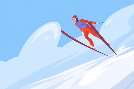 Dynamic skier dressed in a vibrant red outfit is gracefully gliding over a snowy landscape, showcasing skill and speed against a backdrop of a clear blue sky and fluffy white cloudsの素材
