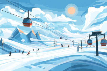 Colorful winter landscape featuring ski lifts transporting visitors across a snowy mountain terrain, with skiers navigating slopes and a bright sun illuminating the serene atmosphereの素材