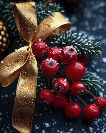 Festive arrangement featuring vibrant red berries and a shimmering golden ribbon, set against a dark background adorned with delicate snowflakes, creating a warm holiday atmosphereの素材