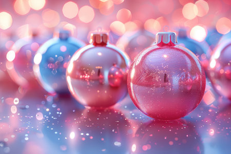 Colorful Christmas ornaments in shades of pink and blue are arranged beautifully, reflecting light against a soft bokeh background, creating a warm and festive atmosphere for holiday celebrationsの素材