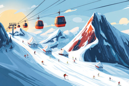 Colorful winter landscape featuring ski lifts transporting visitors above snow-covered mountains, with skiers navigating the slopes and cozy chalets nestled in the snowy terrain, creating a vibrant sceneの素材