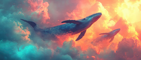 Majestic whales are swimming gracefully through vibrant clouds, creating a surreal dreamlike atmosphere filled with soft colors and ethereal light, evoking a sense of wonder and tranquilityの素材