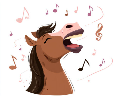 Happy horse with a joyful expression is singing, surrounded by colorful musical notes in a vibrant illustration, capturing the essence of music and cheerfulness in a playful mannerの素材