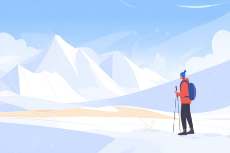 Adventurer wearing a red jacket and blue beanie stands with trekking poles, admiring the breathtaking snow-covered mountains in a serene winter landscape, evoking a sense of exploration and adventureの素材