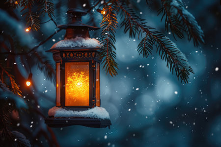 Vintage lantern emits a warm glow amidst falling snow in a serene forest, surrounded by evergreen branches and soft bokeh lights, creating a cozy winter atmosphere for peaceful momentsの素材