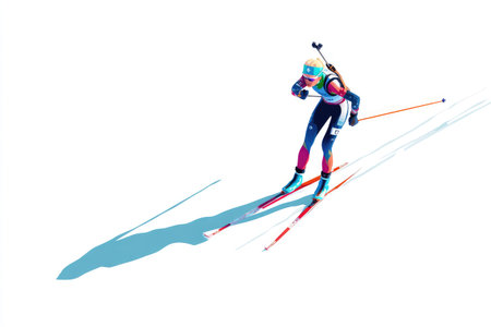 Female skier dressed in vibrant attire is skillfully gliding across a snowy landscape, creating dynamic shadows on the surface, showing casing athleticism and the beauty of winter sportsの素材
