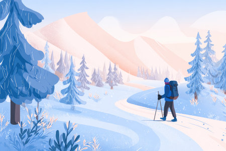 Adventurer dressed in winter gear is hiking through a serene snowy landscape, surrounded by tall trees and distant mountains, capturing the essence of winter exploration and adventureの素材