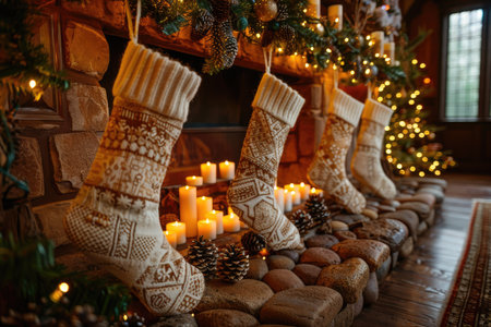 Cozy holiday scene featuring beautifully knitted stockings hanging by a rustic fireplace, surrounded by glowing candles and natural pinecones, creating a warm and inviting atmosphereの素材