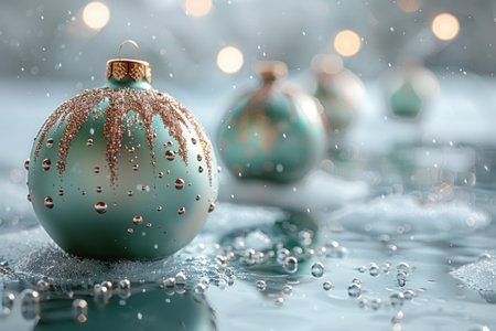 Elegant turquoise Christmas ornament adorned with golden accents rests on a reflective surface, surrounded by soft bokeh lights and delicate water droplets, creating a festive atmosphereの素材