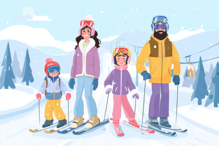 Family of four enjoying a skiing adventure in a snowy landscape, surrounded by tall trees and mountains, showing winter sports and togetherness in a vibrant outdoor settingの素材