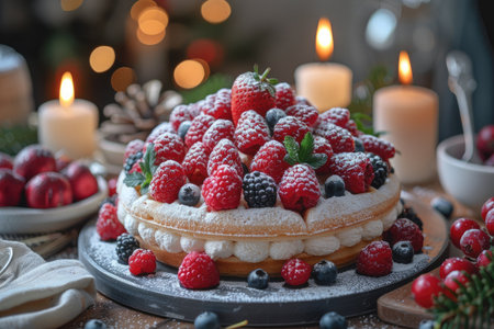 A beautifully crafted dessert cake adorned with an array of fresh berries and a dusting of powdered sugar, set against a warm, inviting table with candles and holiday decorationsの素材