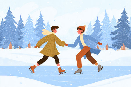 Two young friends are joyfully ice skating on a frozen lake in a winter wonderland, surrounded by snow-covered trees and a serene atmosphere, capturing the essence of winter fun and friendshipの素材