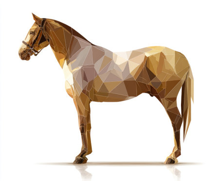 Polygonal illustration of a horse depicted in a geometric style, showing its elegant form and dynamic posture, with a blend of warm colors and sharp angles creating a modern artistic effectの素材