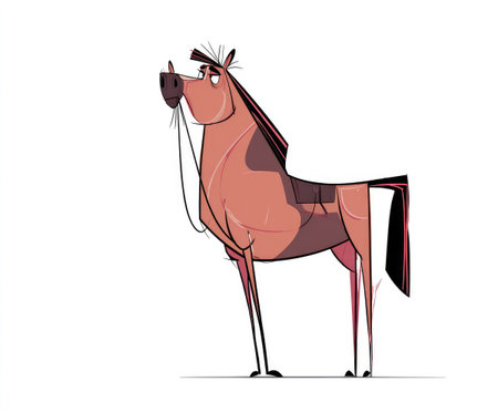 Cartoon horse depicted in a playful pose, showcasing vibrant colors and a whimsical design, standing confidently with a charming expression, emphasizing its animated character and personalityの素材