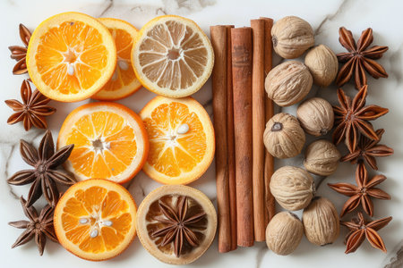 Vibrant citrus slices including oranges and lemons, paired with aromatic spices and cinnamon sticks, beautifully arranged on a smooth marble surface, creating a visually appealing culinary displayの素材