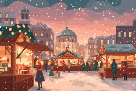 Winter market scene featuring festive stalls adorned with lights and decorations, snow gently falling, and people engaging in holiday shopping, creating a warm and cheerful ambianceの素材