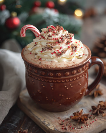 Hot chocolate served in a decorative brown mug, generously topped with whipped cream, chocolate shavings, and a candy cane, surrounded by festive decorations and cozy ambianceの素材