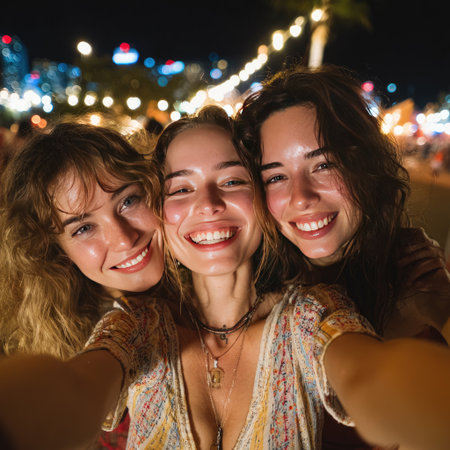 Three smiling women are posing for a selfie at night, surrounded by colorful festive lights, showcasing joy and friendship in a lively atmosphere filled with excitement and celebrationの素材