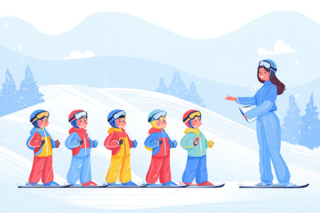 Ski instructor engaging with a group of children on a snowy slope, all wearing colorful winter gear, surrounded by a picturesque winter landscape, creating a fun learning atmosphereの素材