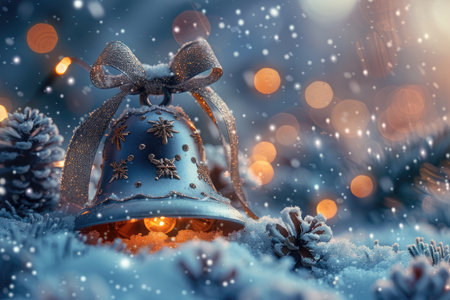 Decorative blue bell adorned with a shimmering ribbon sits among pine cones and soft snowflakes, creating a serene winter atmosphere with warm glowing lights in the backgroundの素材
