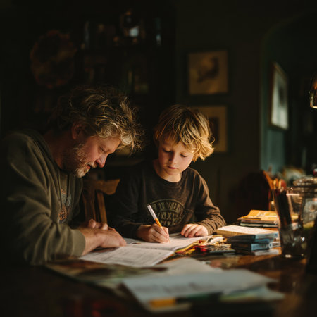 Father and son are focused on a creative learning activity at a rustic wooden table, surrounded by books, papers, and warm ambient light, fostering a nurturing educational environmentの素材