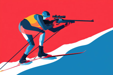 Dynamic athlete poised in a skiing position, holding a rifle, set against a vibrant abstract background, showing the intensity and focus of winter sports and competitive spiritの素材