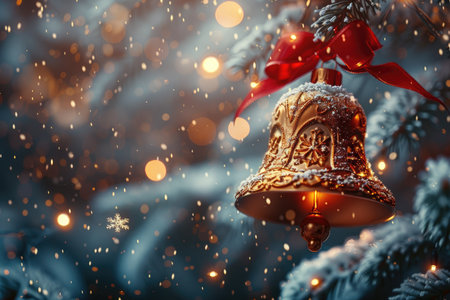 Golden bell ornament adorned with a red ribbon hangs gracefully from a snow-covered pine branch, surrounded by softly glowing lights and falling snowflakes, creating a festive winter atmosphereの素材