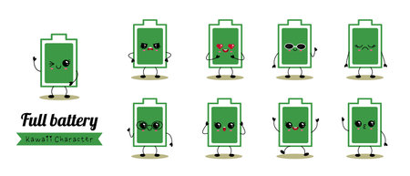 Vector illustration of full battery icons in kawaii cartoon style, symbolizing energy and positivity, great for tech or motivational designs.のイラスト素材