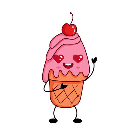 Vintage styled kawaii ice cream cone character with soft colors and cheerful mood, perfect for summer packaging or cute branding elements.のイラスト素材
