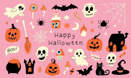Flat Halloween illustration in pink tones with ghosts, pumpkins, skulls and bats. Vector doodle style for cards, posters or seasonal decorations.のイラスト素材