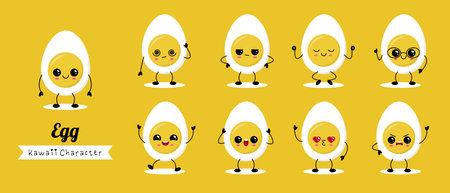 Vector set of egg characters in kawaii style showing different emotions. Adorable cartoon food illustration for stickers, prints, and kids projects.のイラスト素材