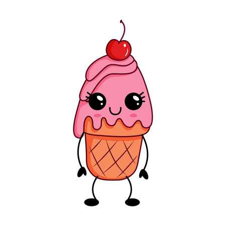 Pink ice cream with cherry on top, smiling cartoon face, isolated on white background, kawaii illustration styleのイラスト素材