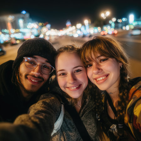 Group of friends enjoying a joyful moment together at night, illuminated by colorful city lights, capturing the essence of friendship and celebration in an urban environmentの素材