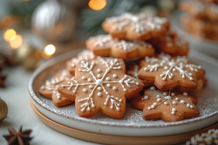 Snowflake-shaped gingerbread cookies are beautifully decorated with white icing, arranged on a festive plate, surrounded by warm holiday lights and seasonal decorations, creating a cozy atmosphereの素材