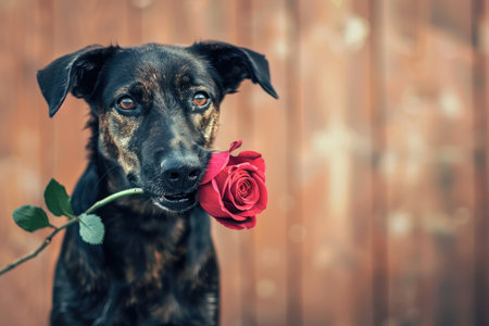 Dog with a dark coat is gently holding a vibrant red rose in its mouth, set against a rustic wooden backdrop, creating a charming and affectionate atmosphere for pet loversの素材