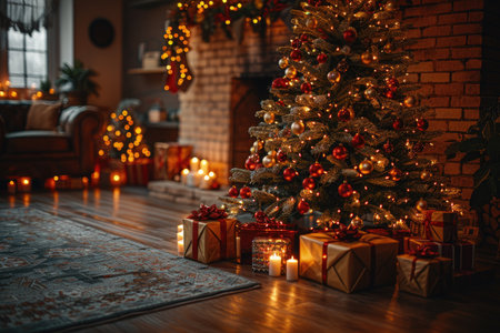Cozy living room featuring a beautifully decorated Christmas tree adorned with ornaments, surrounded by wrapped gifts and glowing candles, creating a warm and inviting holiday ambianceの素材
