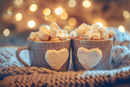 Cozy mugs filled with fluffy marshmallows are placed on a soft knitted blanket, illuminated by warm lights in the background, creating a comforting and inviting atmosphere for winter eveningsの素材