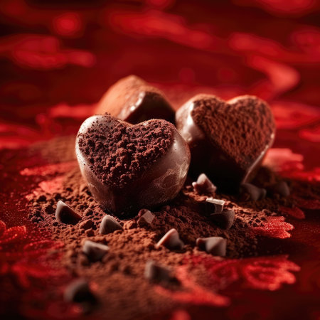 Heart-shaped chocolate truffles are beautifully arranged on a vibrant red surface, dusted with cocoa powder and surrounded by chocolate shavings, creating a romantic and indulgent atmosphereの素材