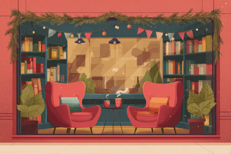 Cozy illustration depicting a warm reading nook featuring two vibrant chairs, a small table, and festive decorations, creating an inviting atmosphere for relaxation and enjoymentの素材