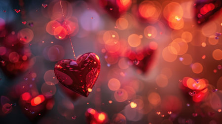 Red heart-shaped decorations suspended in the air create a romantic atmosphere, surrounded by a soft, blurred background filled with shimmering lights and vibrant bokeh effects enhancing the sceneの素材
