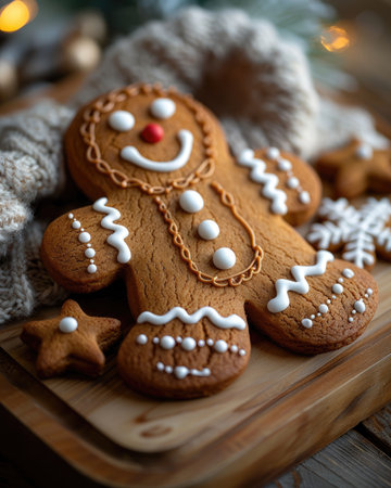Gingerbread man cookie with intricate icing details is placed on a wooden board, surrounded by star-shaped cookies and soft knit fabric, evoking a warm holiday atmosphereの素材