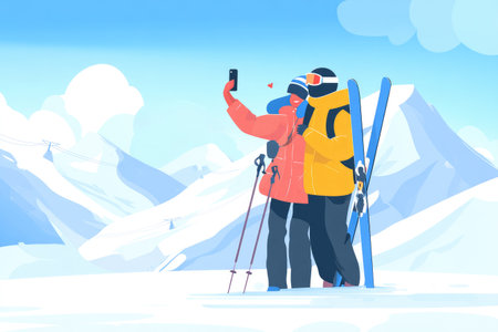 Couple enjoying winter sports is taking a selfie in a snowy mountain landscape, dressed in bright winter clothing, surrounded by ski equipment and beautiful snowy peaks, capturing a joyful momentの素材