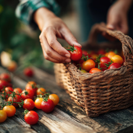 Hands of a woman gently selecting vibrant cherry tomatoes from a wicker basket placed on a rustic wooden table, surrounded by fresh produce, showing the joy of harvesting and nature's bountyの素材