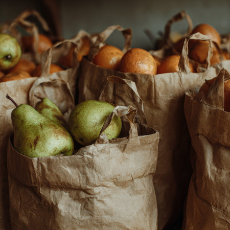 Fresh pears and oranges are beautifully displayed in brown paper bags, creating a rustic ambiance with warm lighting, showing the natural textures and colors of the fruits in a cozy environmentの素材