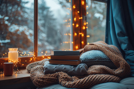 Cozy reading nook featuring stacked books on a soft blanket, illuminated by warm fairy lights, creating a serene atmosphere by the window with a view of nature outsideの素材
