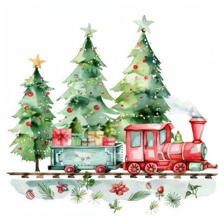 A vibrant red train carrying colorful gifts is surrounded by lush green Christmas trees adorned with ornaments and stars, creating a joyful holiday atmosphere in a whimsical winter sceneの素材