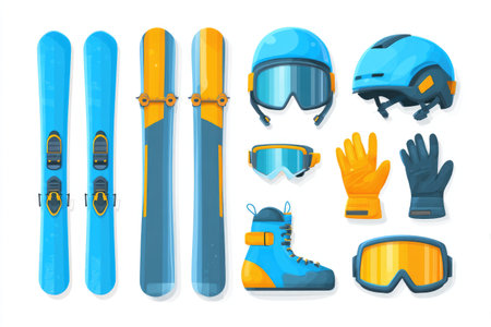 Colorful ski equipment set featuring blue and orange skis, boots, helmet, goggles, and gloves arranged neatly, ideal for winter sports enthusiasts and showing essential gear for skiing adventuresの素材